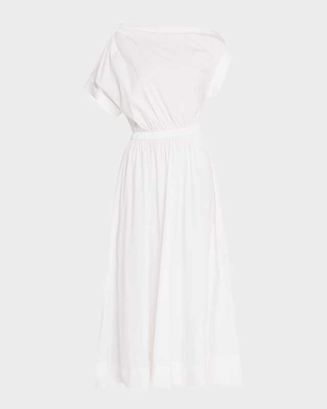 Short-Sleeve Draped Shoulder Midi Dress